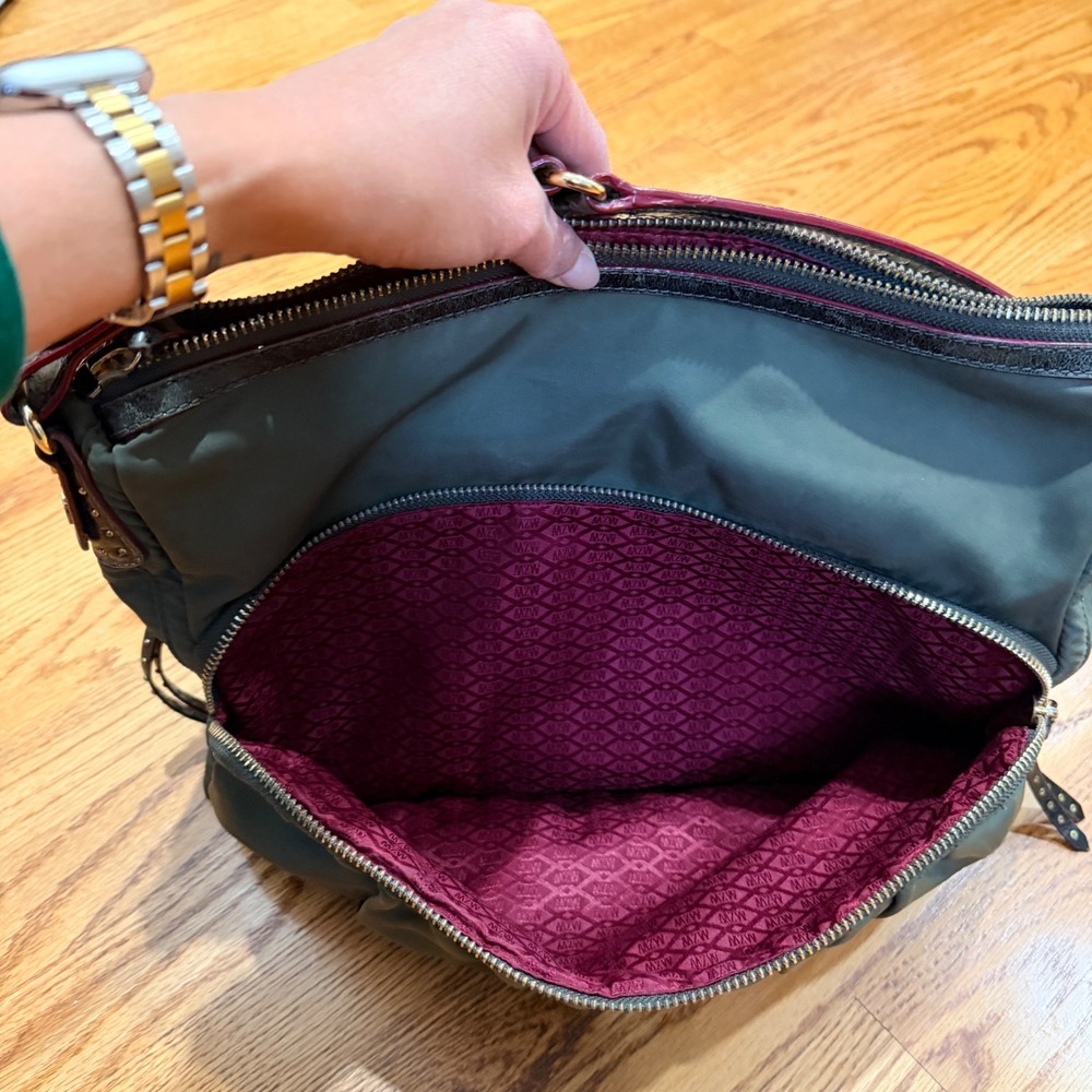 MZ Wallace Paige Olive Green Nylon Shoulder Bag Leather Trim Studded Strap - Picture 12 of 16
